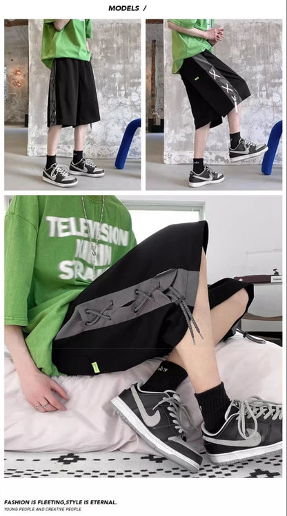 mens stitching rope athletic shorts drawstring breathable patchwork short pants summer outdoor streetwear y2k bermudas hombre unique shorts style 3228