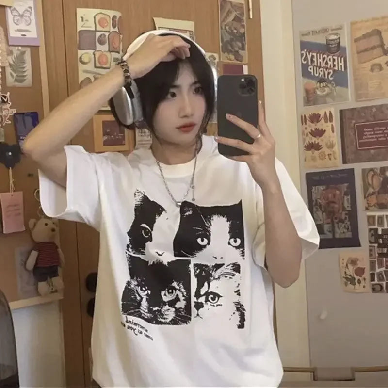 2024 Summer Cute Cat Print T shirt Fashion Y2K Loose personality Fresh Retro Simple Harajuku kawaii clothes Short Sleeve Top Street King Limited