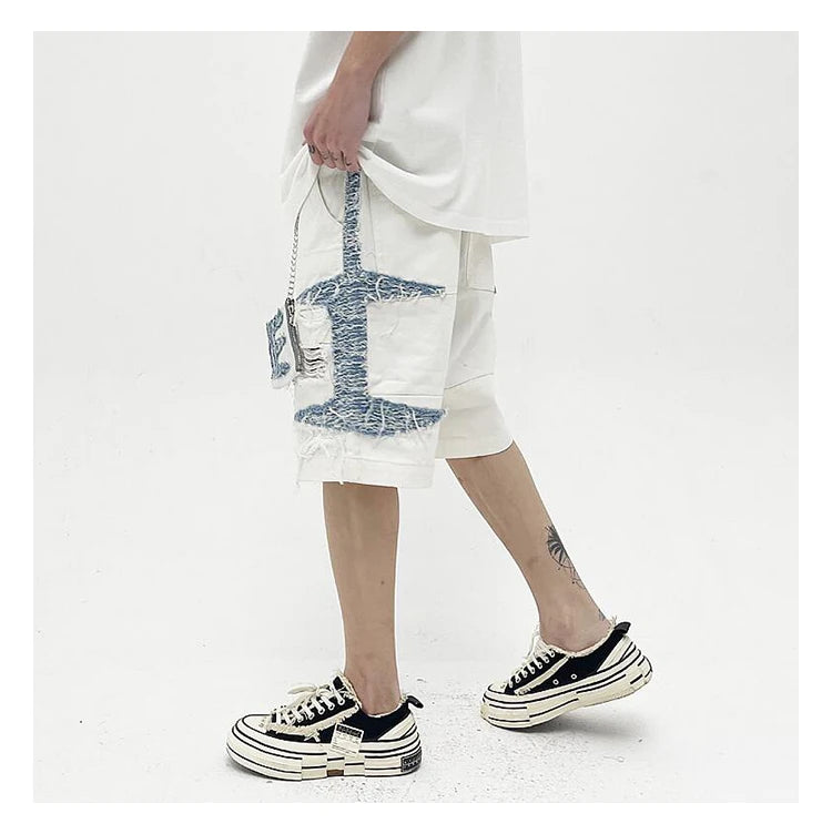 Mens High Street Denim Jean Shorts Casual Loose Destroyed Ripped Holes Loose Shorts Patchwork Hip Hop Streetwear Short Joggers Street King Limited