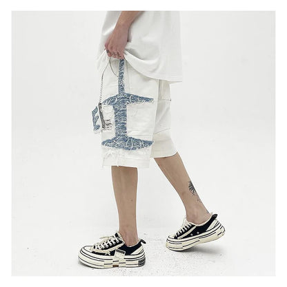 Mens High Street Denim Jean Shorts Casual Loose Destroyed Ripped Holes Loose Shorts Patchwork Hip Hop Streetwear Short Joggers Street King Limited