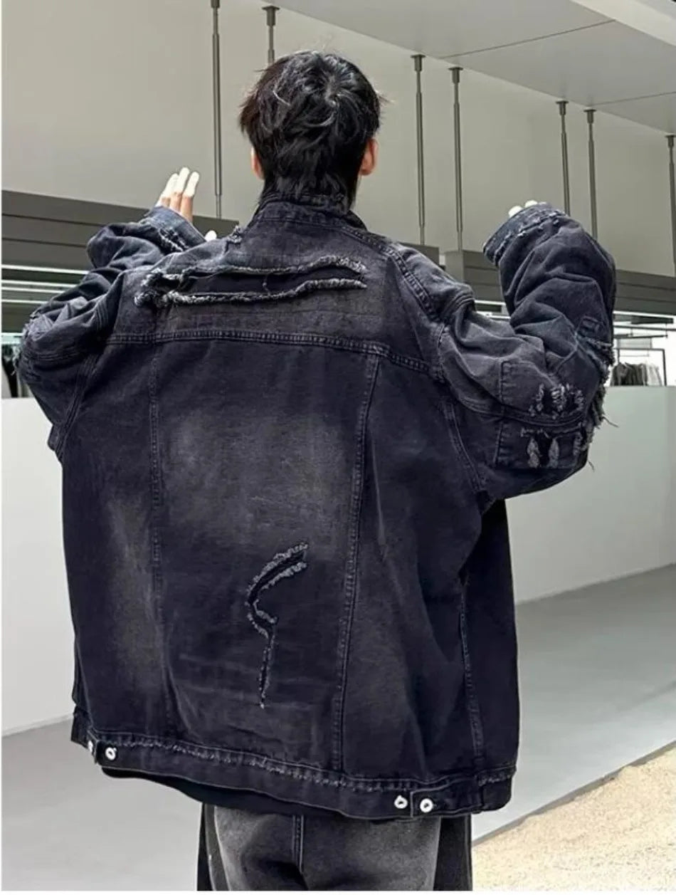 high street washed denim jacket mens trends new spring streetwear single breasted casual hip hop coats loose cowboy outwear unique jeans style 4003