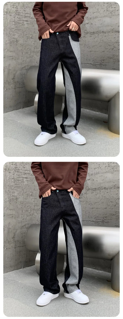 men streetwear splice denim fashion brand hip hop loose casual straight jeans pant cityboy deep blue y2k jeans trousers for men unique jeans style 1770