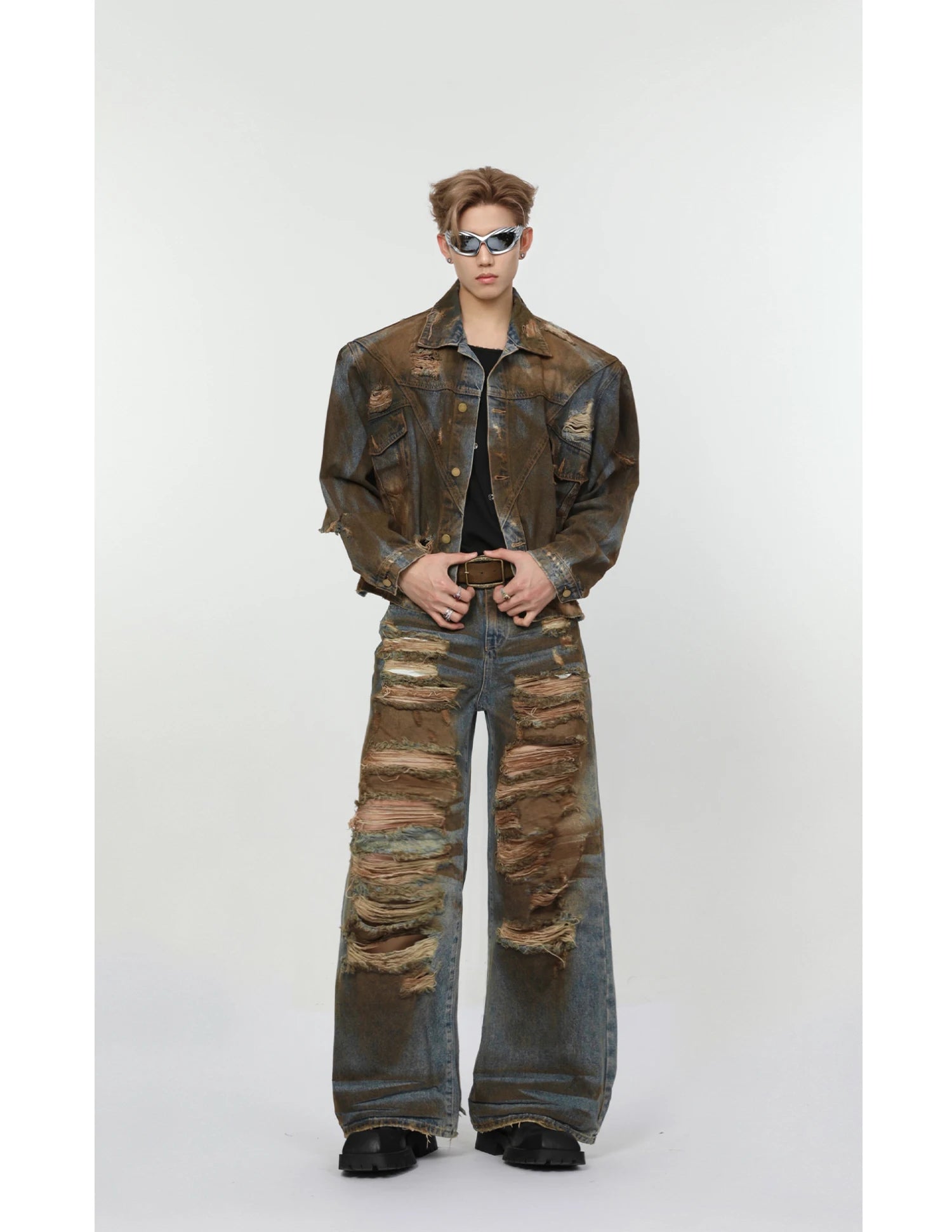2 pieces sets mens dirty graffiti wide shouder denim jeans jacket coat and ripped holes wide legs pants joggers streetwear sets unique joggers style 3540