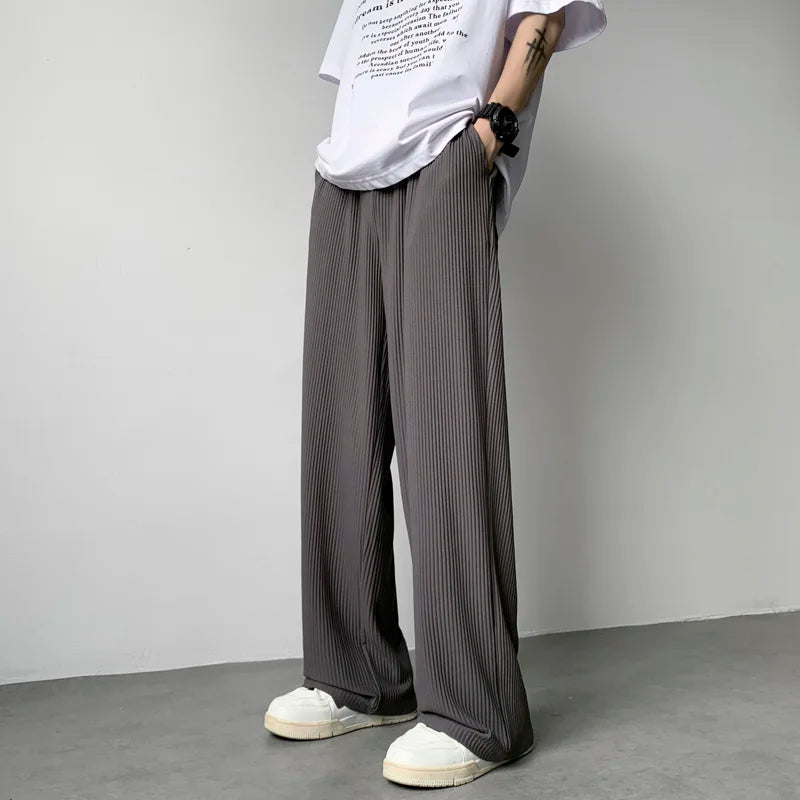summer pleated pants men fashion oversized ice silk pants men japanese streetwear hip hop loose straight pants mens trousers relaxed fit trousers