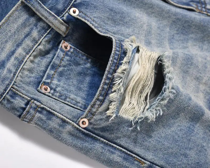 mens high street denim jean pants new casual blue slim ripped holes straight zipper jeans trousers hip hop streetwear joggers unique joggers style 5242