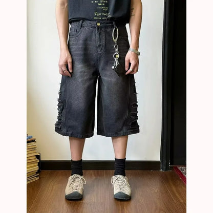 mens hip hop washed denim shorts broken hole folds burr edge street punk cowboy middle pants pockets bomber quarter pants y2k unique jeans style 4368