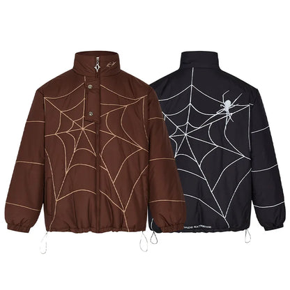 Men Winter Down Jackets Spider Web Embroidery Pattern Parkas Harajuku Hip Hop Padded Coat Motorcycle Bubble Warm Streetwear Street King Limited