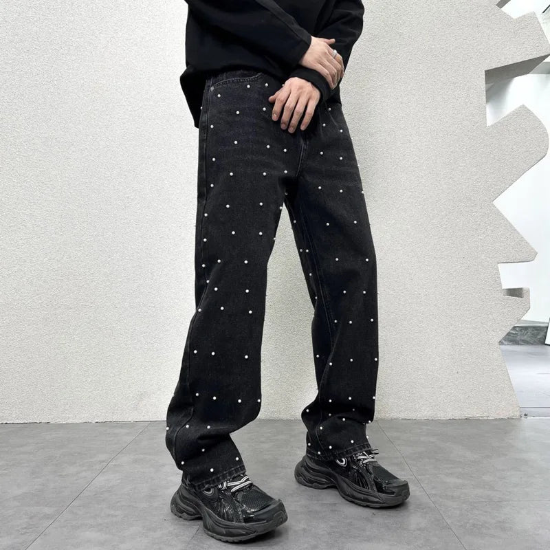 men bead streetwear fashion hip hop vibe loose casual wide leg straight denim jeans baggy pant man boyfriend jeans trousers unique jeans style 2879