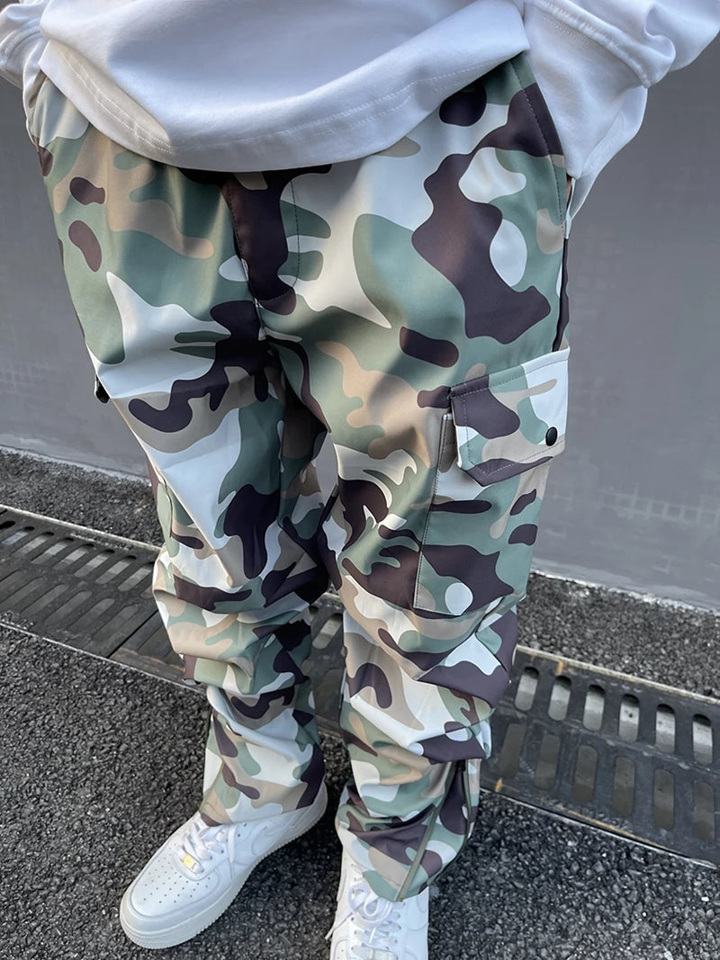 Street Wear Functional Camouflage Cargo Trousers Men Waterproof Pockets Pleated Zip Up Tapered Pants Nylon Belt Men's Clothes Street King Limited