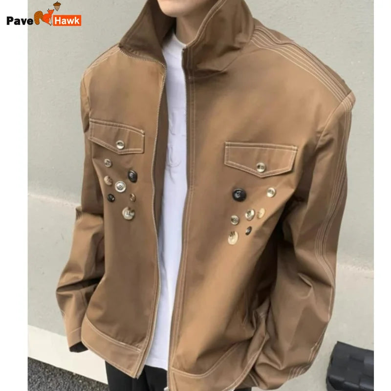 spring retro irregular button mens jacket shoulder pad design trend high street coats motorcycle fashion stand collar outwear menswear bottoms
