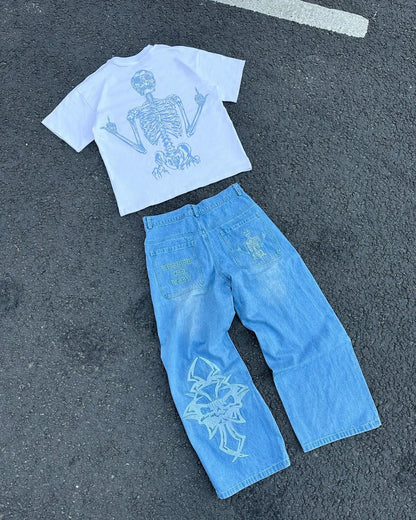 Y2K Retro American Personality Design Fashionable Loose Straight Jeans Men Street Hip-hop Harajuku All-match Floor Mopping Pants Street King Limited