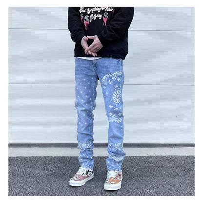 mens high street paisley print denim jeans casual hip hop distressed jeans slim fit skinny denim pants joggers streetwear men unique joggers style 264