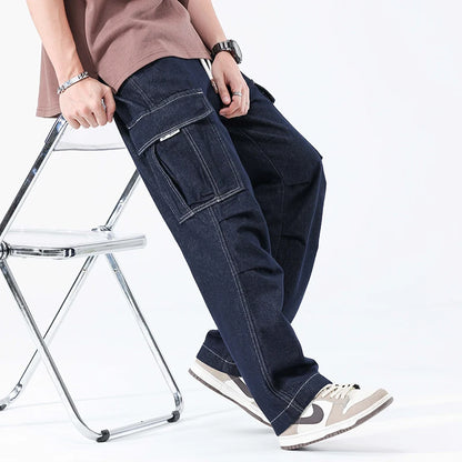 men autumn summer streetwear fashion plus size loose casual straight cargo jeans pant campus boy jeans trousers military streetwear pants