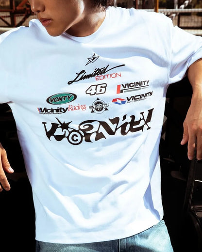 European and American New Racing Letter Printed Oversized Short-sleeved Tops Men Y2k Harajuku Retro Fashion Loose T-shirts Women Street King Limited