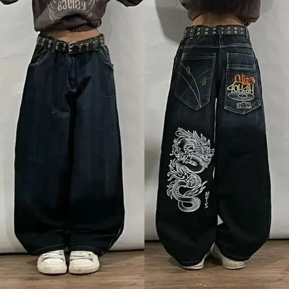 Y2K Straight Wide Leg Pants New Street Selling Fashion Loose American Hip Hop Retro Gothic Print Jeans Women Unisex Joker Jeans Street King Limited