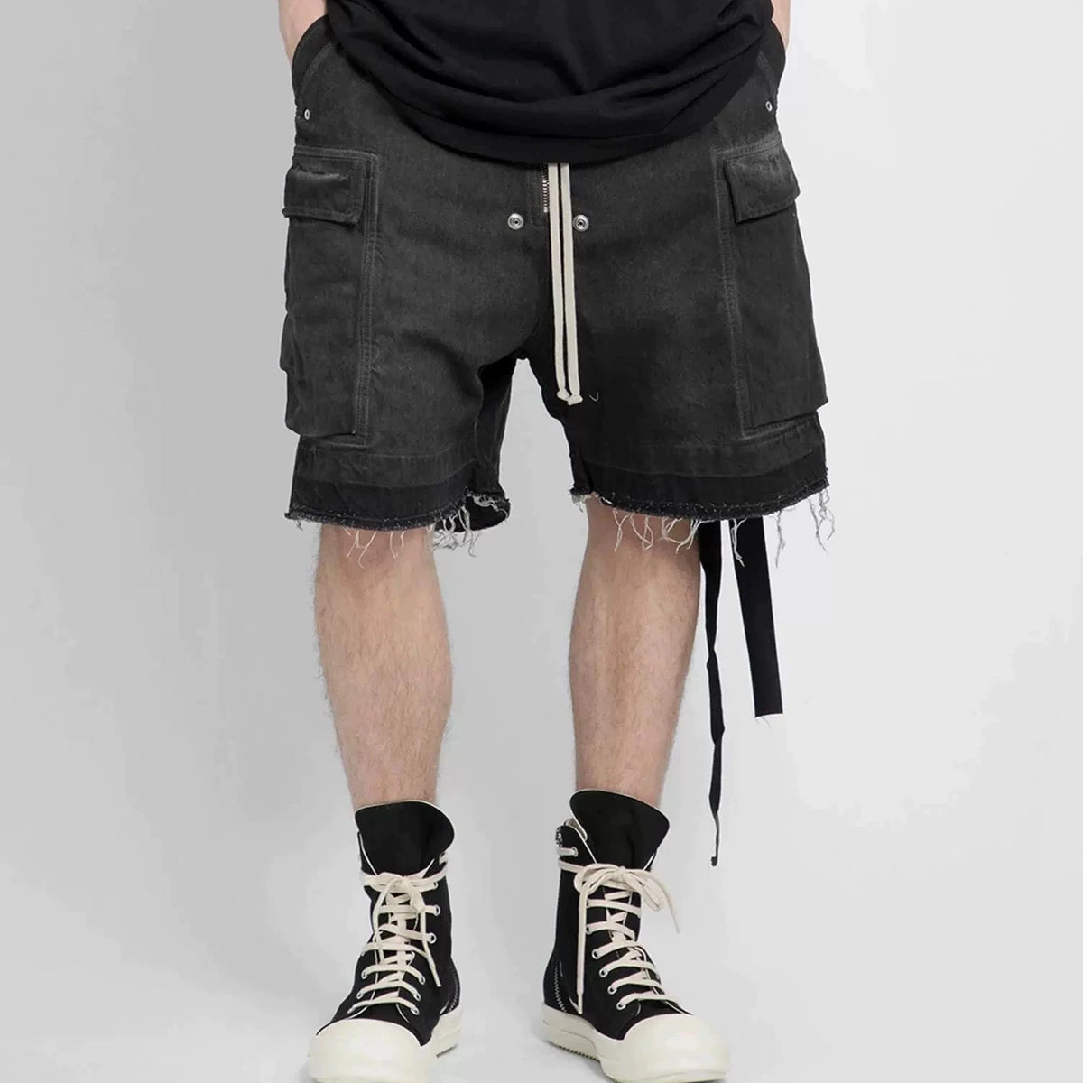 ro style ribbons streetwear multi pockets cargo short for men elastic waist wide leg baggy jeans knee length pants loose overall unique cargo style 4345
