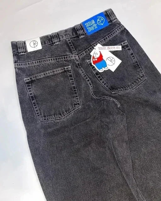 retro blue baggy jeans y2k pants hip hop cartoon streetwear polar big boy jeans embroidery mens womens high waist wide trouser unique jeans style 1703