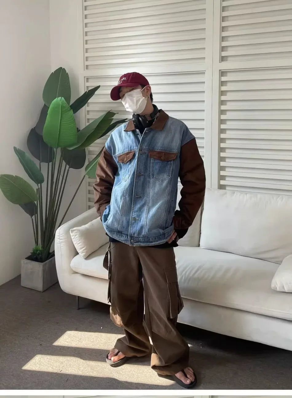 mens patchwork denim jacket spring trend korean retro college lapel color blocked couple coats 2024 high street cowboy cardigan unique jeans style 3368
