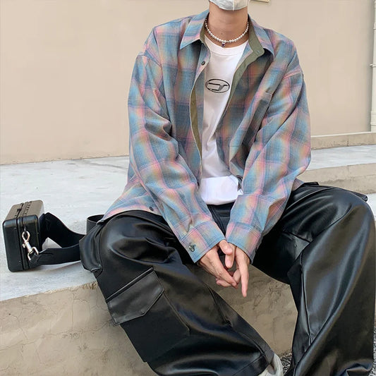Colorful Plaid Shirt Men Fashion Vintage Shirt Men Streetwear Loose Long Sleeved Shirt Mens Oversized Casual Shirts M-2XL Street King Limited
