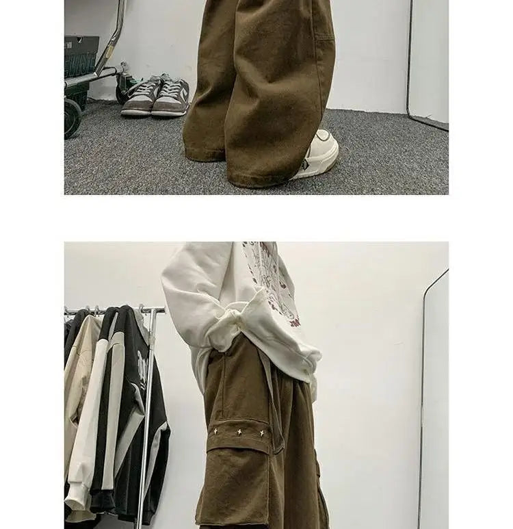 american hip hop large pocket workwear pants for men and women in autumn trend loose fitting straight leg casual wide leg pants unique default style 4763