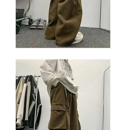 american hip hop large pocket workwear pants for men and women in autumn trend loose fitting straight leg casual wide leg pants unique default style 4763