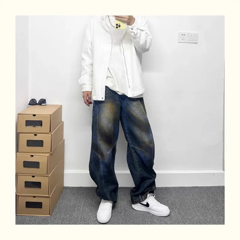 autumn hip hop graffiti painted baggy jeans mens y2l streetwear wide leg denim pants punk fashion distressed gradient jean unique jeans style 284