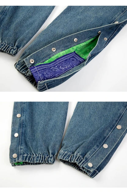 washed distressed denim sweatpant cashew flower patchwork oversized splice buckle jogging jeans casual button baggy men clothing unique joggers style 3366