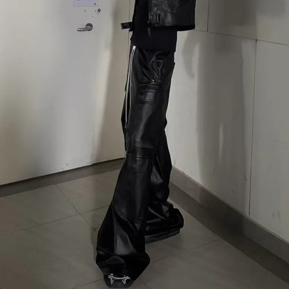 ro style matte pu leather pants for men high street y2k pantalones hombre baggy overall wide leg drawstring cargo pants unique cargo style 5467