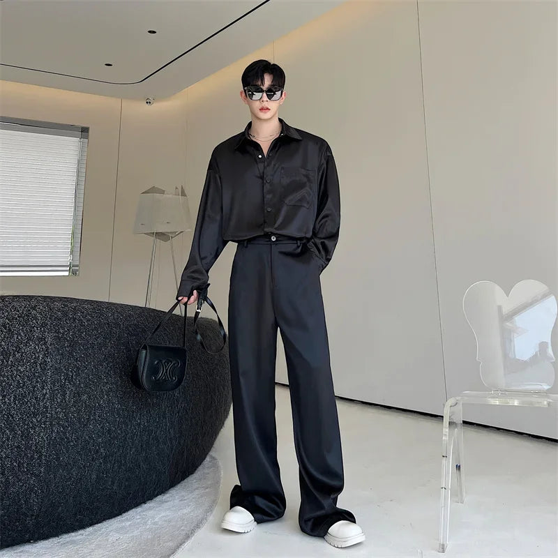 men silk style streetwear fashion loose casual long sleeve shirts pants 2 pieces sets male vintage suits blouses trousers urban fashion pants