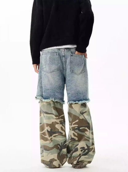 Camouflage Patchwork Jeans Mens Fake Two Items Street Punk Unisex Denim Pants Multiple Pockets Blue Size S-3XL Cowboy Trousers Street King Limited