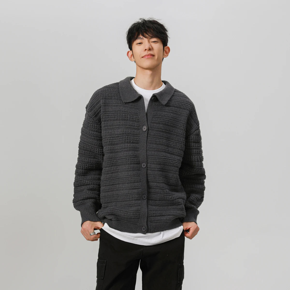 men streetwear fashion loose casual retro stripe knitted sweater cardigan jacket autumn knitwear jumper coat outerwear unique default style 1265