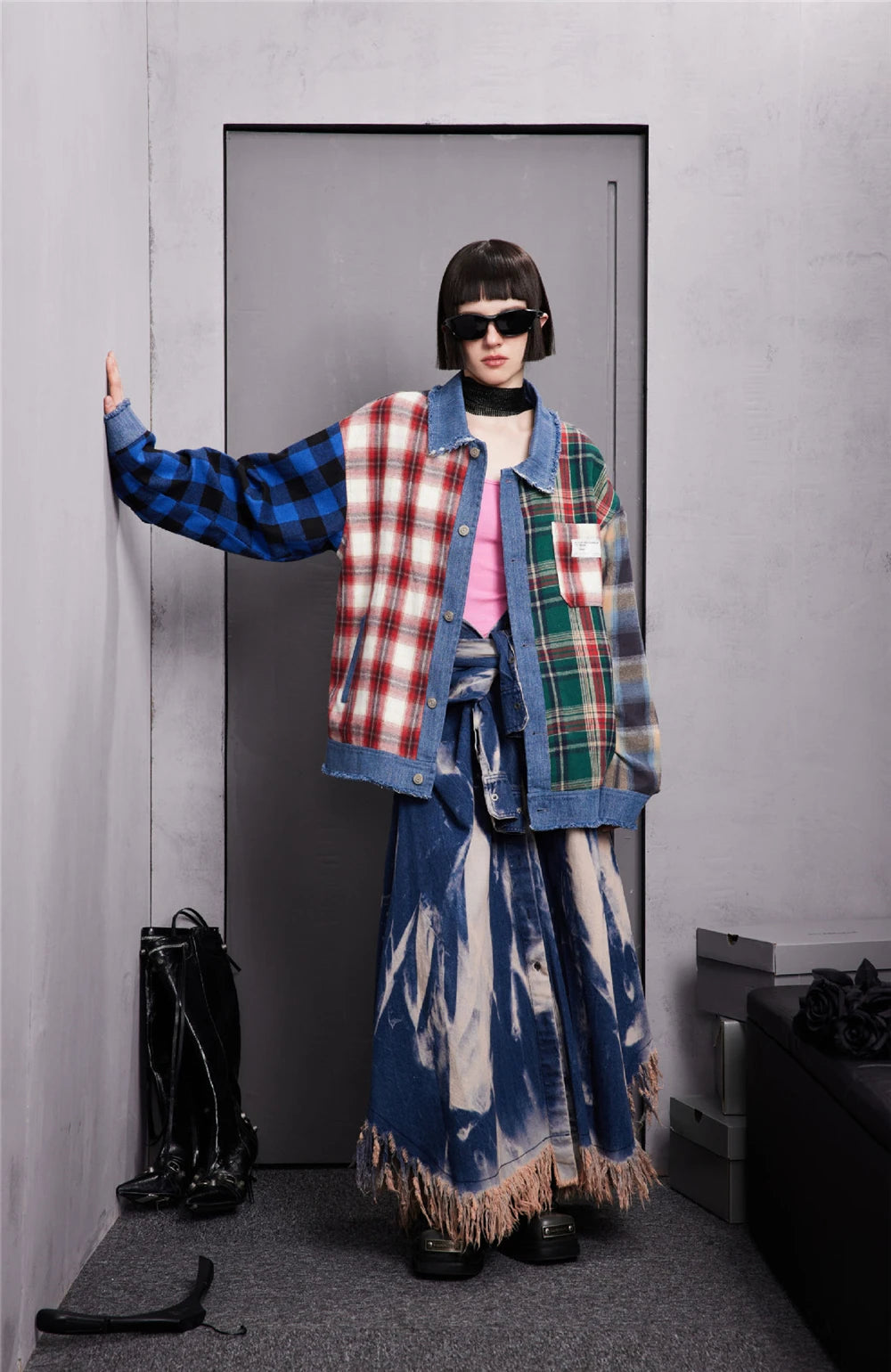 men hip hop denim jacket plaid patchwork oversized harajuku y2k unisex jeans jackets 2023 man fashion causal jacket outwear unique jeans style 1395