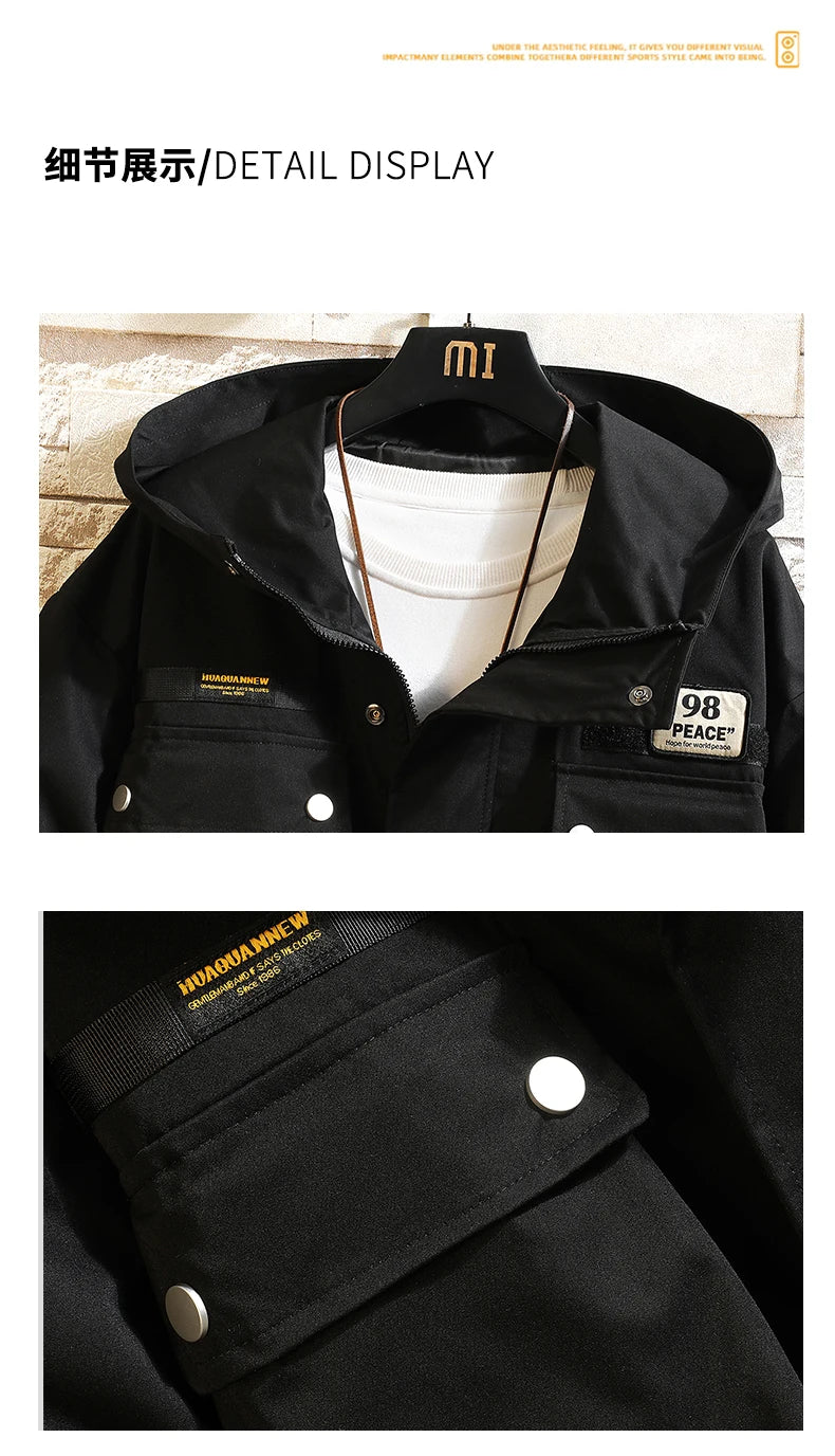 men jacket multi pockets hooded outwear korean fashion patch jackets zipper coats retro techwear oversize men clothing unique default style 378
