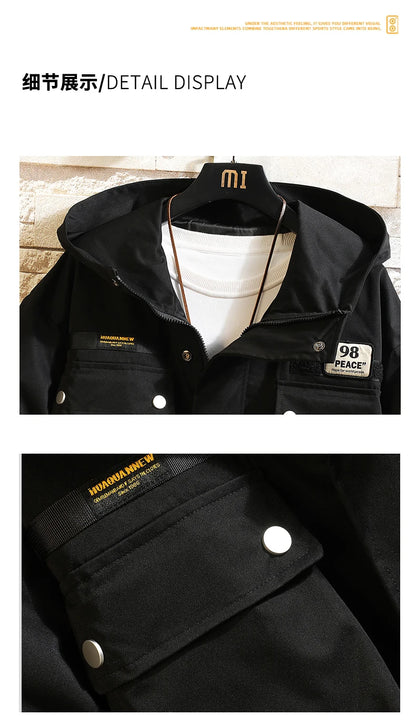 men jacket multi pockets hooded outwear korean fashion patch jackets zipper coats retro techwear oversize men clothing unique default style 378