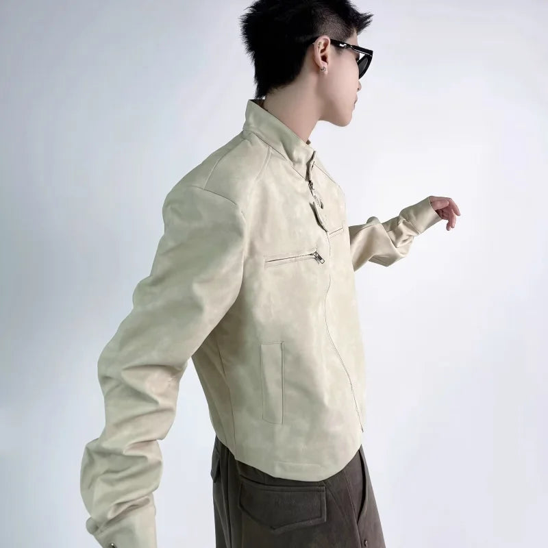 retro motorcycle pu leather jacket mens brown coffee short punk stand collar bomber coats spring high street racing suit new unique shorts style 3335