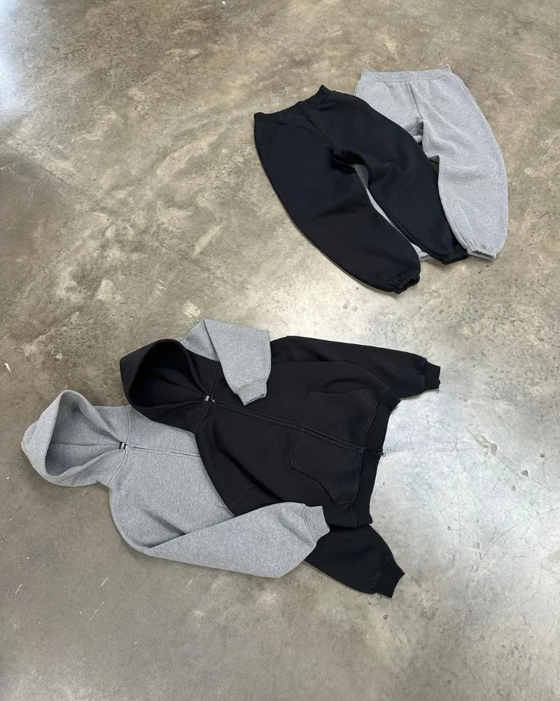 American High Street Fashion Casual Hoodie Men Y2k Harajuku Retro Solid Color Zipper Sweatshirt Loose Oversized Coat Women Street King Limited