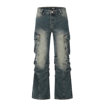 streetwear side pockets pleated washed blue jeans unisex straight baggy y2k denim pants ropa hombre casual cargo pants oversized multi-pocket cargos