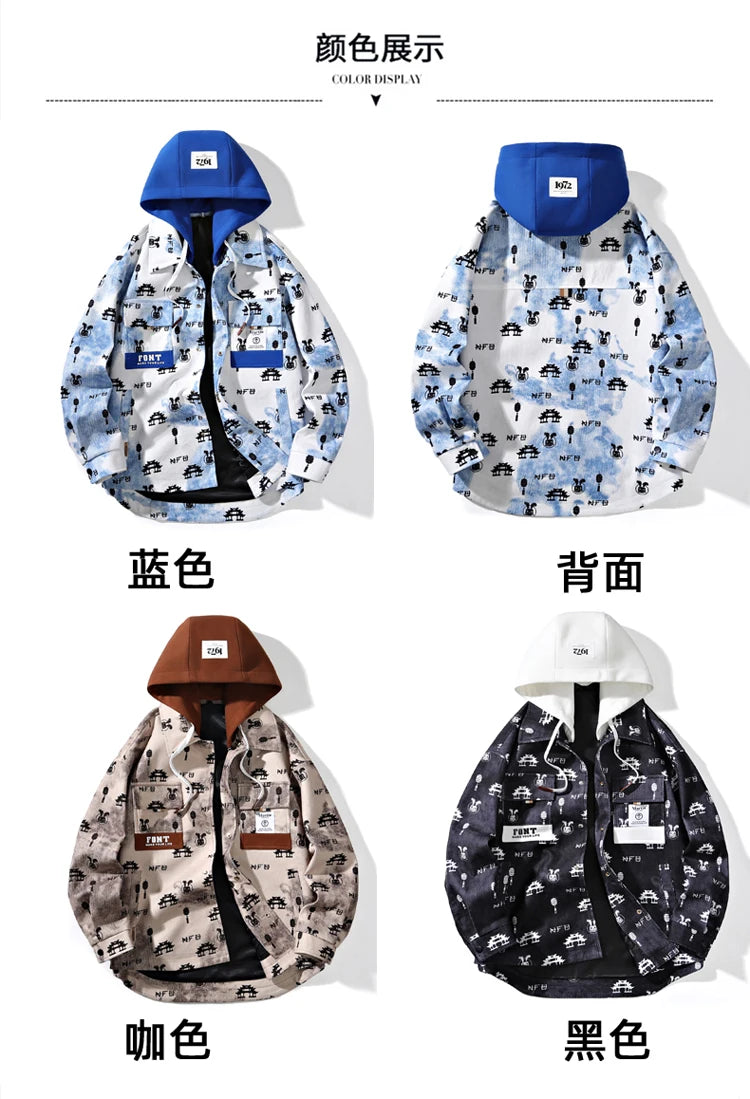 full print jackets for men spring autumn new colour clash hooded coat chest pockets design y2k jackets large size hip hop unique default style 5860