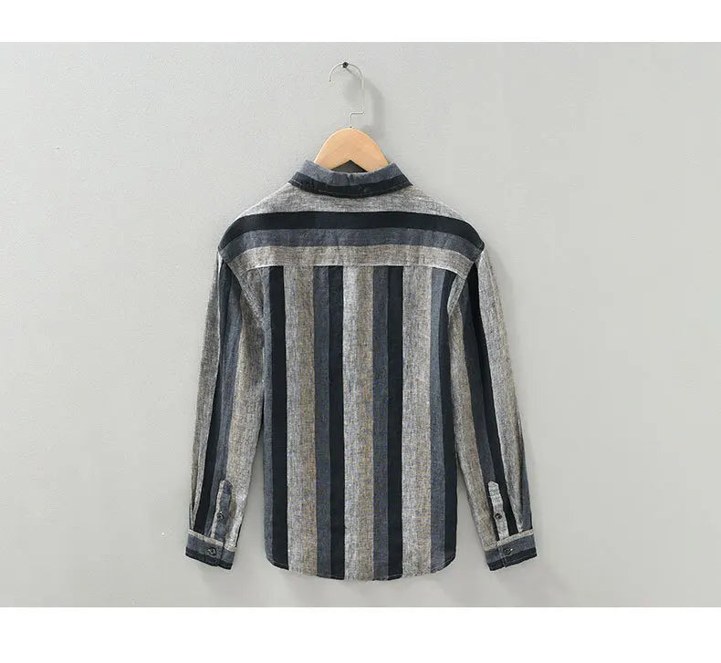 Linen Vertical Striped Long-Sleeved Shirt Men's Summer Thin Breathable Three-Quarter Sleeve Cotton And Linen Artistic Shirt Street King Limited