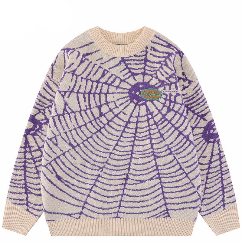 2023 Men Streetwear Sweater Hipster Spider Web Graphic Hip Hop Knitted Sweater Casual Loose Pullover Sweater Black Purple Street King Limited