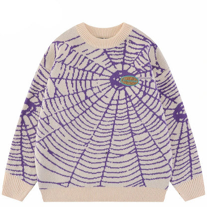 2023 Men Streetwear Sweater Hipster Spider Web Graphic Hip Hop Knitted Sweater Casual Loose Pullover Sweater Black Purple Street King Limited