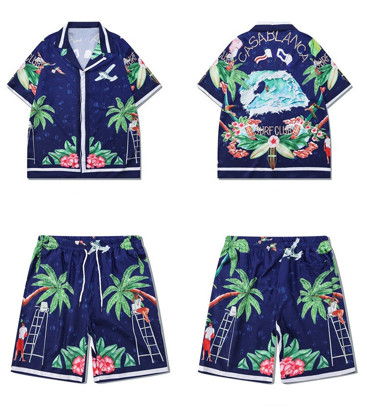 2 Pieces Sets Harajuku Printed Short Sleeves Shirts and Elastic Waist Shorts Joggers Summer Beach Streetwear Hip Hop Mens Sets Street King Limited