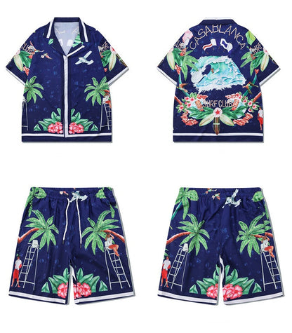 2 Pieces Sets Harajuku Printed Short Sleeves Shirts and Elastic Waist Shorts Joggers Summer Beach Streetwear Hip Hop Mens Sets Street King Limited