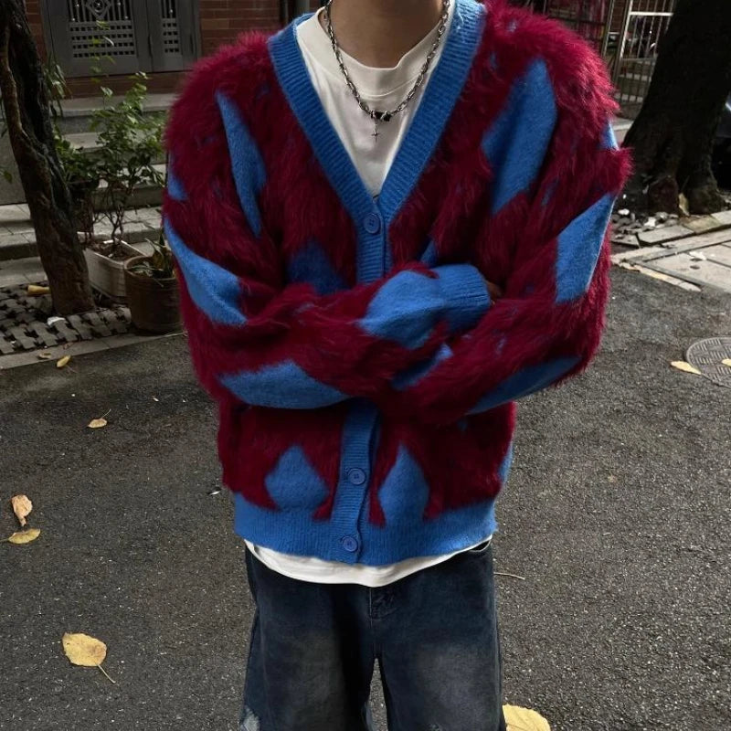 2024 New College Casual Mens Cardigan Autumn Diamond Grid Color Block Street Unisex Knitted Jacket Loose V-neck Sweater Coats Street King Limited