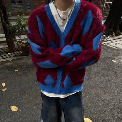 2024 New College Casual Mens Cardigan Autumn Diamond Grid Color Block Street Unisex Knitted Jacket Loose V-neck Sweater Coats Street King Limited