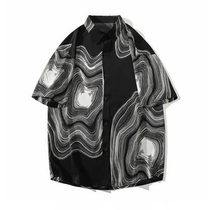 Summer Short Sleeve Shirt Men Fashion Retro Print Shirt Men Loose Black White Ice Silk Shirts Mens Hawaiian Shirt Large Size Street King Limited