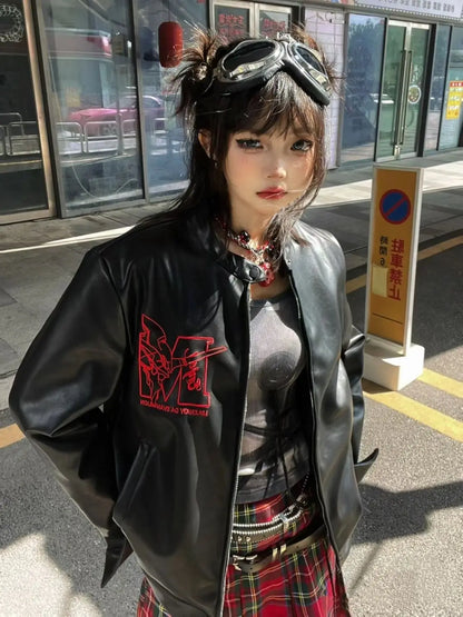 harajuku second apostle leather jacket women spring and autumn american sense vintage goth casual y2k tops coat women unique default style 463