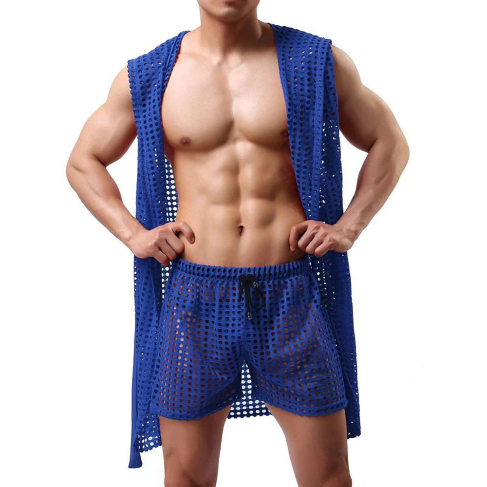 Men Robes Brand Male Sexy Bathrobe Sleepwear Sleeveless Bath Robe Sleep Lounge Badjas Cutout Cardigan Loungewear Mesh Menswear Street King Limited