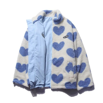 2024 autumn and winter new love lambswool cotton padded jacket double sided collar jacket couple loose jacket warm jacket y2k unique default style 4211