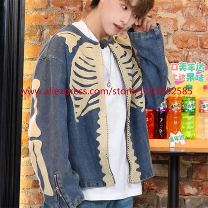 vintage mens long sleeved denim jacket high street oversized washed bone embedding tops clothing autumn winter 2024 heavyweight unique jeans style 1329